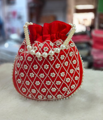 Aurna Creations Embroidery handwork potli with pearl handle Red Potli