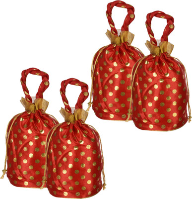 KUBER INDUSTRIES Silk Golden-Dot Potli|Round Drawstring Shagun Potli with Handle|Pack of 4|Red Potli(Pack of 4)