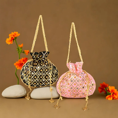 KUBER INDUSTRIES Mirror Check Drawstring Potli With Handle|Shagun Potli|Pack of 2|Multi Potli(Pack of 2)