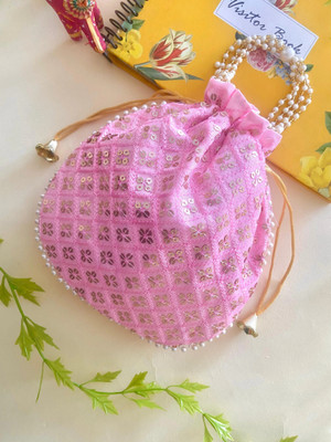 byra Women Chikan Embroidered Sequence Potli with Latkan and Pearl Handle Potli