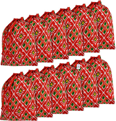 Heart Home Silk Patola-Print Drawstring Potli|Gift Potli|Medium|7x9 Inch|Pack of 12|Red Potli(Pack of 12)