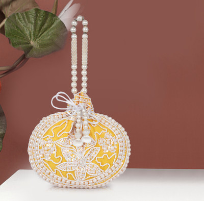 QNS Designer Embroidered Potli Bag, Pearl Handle | Wedding Party Ethnic Clutch Potli
