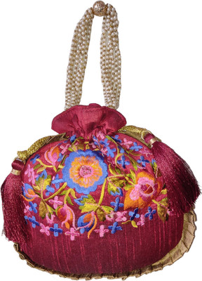 AtheenaAris Pure Silk Made Red Full Embroidery Potli with Pearl Handle For Women Girls Potli