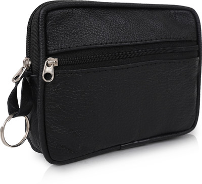 CIMONI Casual Genuine Leather Multi use Key Coin Wallet with Zip Black Leather Key Case Coin Purse