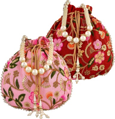 KUBER INDUSTRIES Silk New Flower Embroidery Potli|Drawstring Beads Handle Potli|Pack of 2|Multi Potli(Pack of 2)