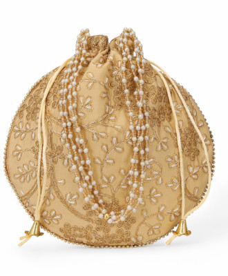 AW Trendz Premium Embroidered Art Silk Potli Bag with Pearl Handle – Wedding & Party Wear Potli