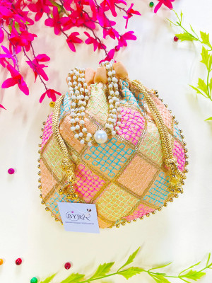 byra Women Multi Color Thread silk Potli with Pearl Handle & Golden Latkan Potli
