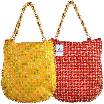 Heart Home Silk Embroidery Double Handle Zip-Potli for Woman|Shagun Potli|Pack of 2|Multi Potli(Pack of 2)