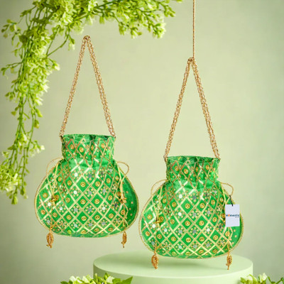 HOMESTIC Mirror Check Drawstring Potli With Handle|Shagun Potli|Pack of 2|Green Potli(Pack of 2)