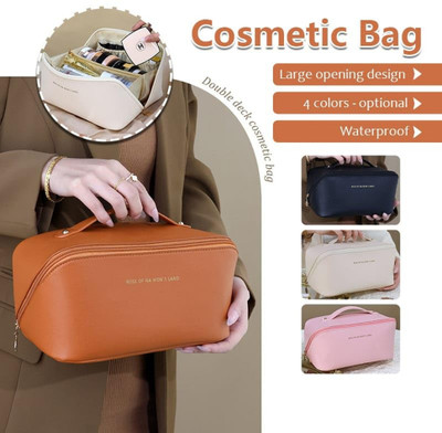 NEWSPARSH Finax Large Capacity Travel Cosmetic Bag, Portable Makeup Bag Waterproof Leather Cosmetic Bag