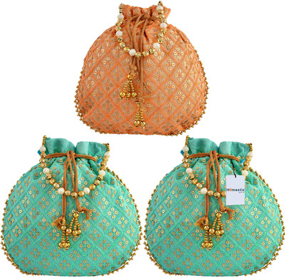 HOMESTIC Single Side Sequins Silk Potli With Drawstring for Woman|Pack of 3|Multi Potli(Pack of 3)