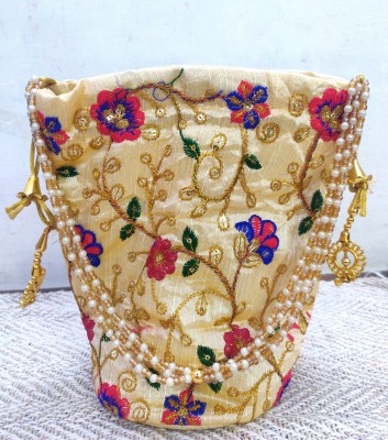 Beauty World Jute Polti Handbag Pearl - Raw Silk Design For Girls/Women Festive Wedding Potli