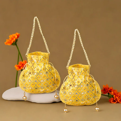 KUBER INDUSTRIES Mirror Check Drawstring Potli With Handle|Shagun Potli|Pack of 2|Yellow Potli(Pack of 2)