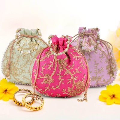 KUBER INDUSTRIES Pack of 3 Embroidery Shagun Pouches & Potli Bags | Light Pink, Green & Pink Potli(Pack of 3)