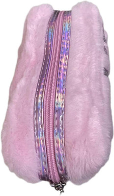 Virmanis Exclusive Baby Pink Furry Makeup Pouch with LOVE Sequin Design and Wrist Handle Cosmetic Bag