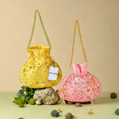 HOMESTIC Mirror Check Drawstring Potli With Handle|Shagun Potli|Pack of 2|Multi Potli(Pack of 2)