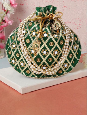 byra Mirror Work Potli Bag with Pearl Handle and Tassels Potli