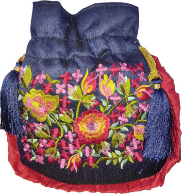 AtheenaAris Silk Made Kashmiri Embroidery Frill Potli with Pearl Handle For Women Potli