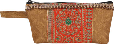 Indha Craft Golden Brocade Utility Pouch with Embroidered Panel Pouch