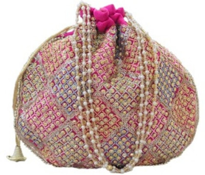 SUNVIKA House Pearl Handle Vintage Floral Knitted Drawstring Potli Bag,Multicolour Pattern Potli