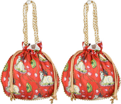 KUBER INDUSTRIES Silk Cow Patli Potli|Drawstring Beads Handle Shagun Potli|Pack of 2|Red Potli(Pack of 2)