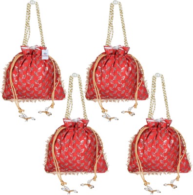 Heart Home Silk Square Embroidery Potli|Drawstring Traditional Shagun Potli|Pack of 4|Red Potli(Pack of 4)