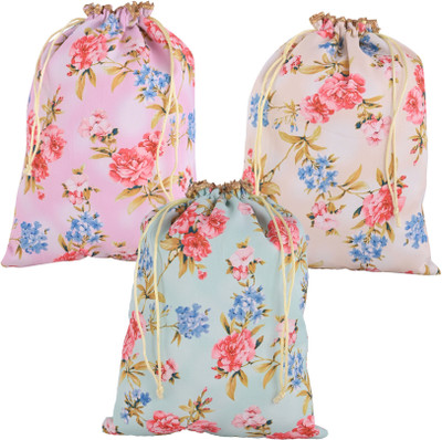 KUBER INDUSTRIES 3 Pcs Silk Drawstring 9x12 Inch Medium Potli Pouch | Flower- Green, Cream & Pink Potli(Pack of 3)