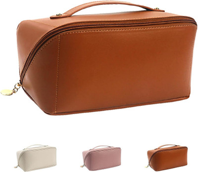 VAVSU Cosmetic Bag, Waterproof Travel Makeup Bag/Toiletry Bag with Handle and Divider Travel Toiletry Kit(Brown)
