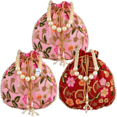 HOMESTIC Silk New Flower Embroidery Potli|Drawstring Beads Handle Potli|Pack of 3|Multi Potli(Pack of 3)