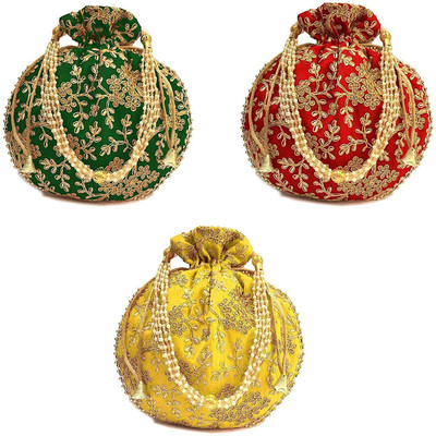 HouseOfCommon Women's Cremon Embellished Potli Bag with Beaded Handle (Set of 3, Multicolor) Potli(Pack of 3)