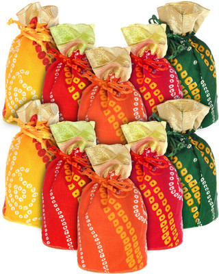 KUBER INDUSTRIES Multiuses Bandhej Print Potli Bag for women With Drawstring Set of 10 (Assorted) Potli(Pack of 10)