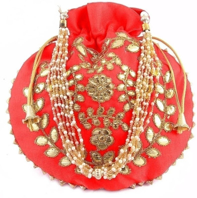 AtheenaAris Silk Made Red Zari Embroidery Potli with Pearl Handle For Women Potli