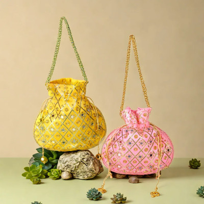 KUBER INDUSTRIES Mirror Check Drawstring Potli With Handle|Shagun Potli|Pack of 2|Multi Potli(Pack of 2)