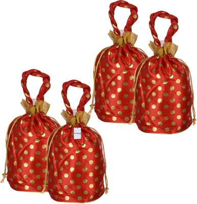 HOMESTIC Silk Golden-Dot Potli|Round Drawstring Shagun Potli with Handle|Pack of 4|Red Potli(Pack of 4)