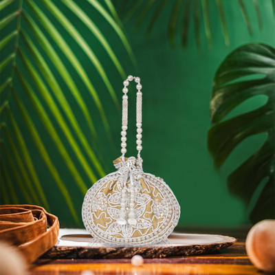 QNS Designer Embroidered Potli Bag, Pearl Handle | Wedding Party Ethnic Clutch Potli