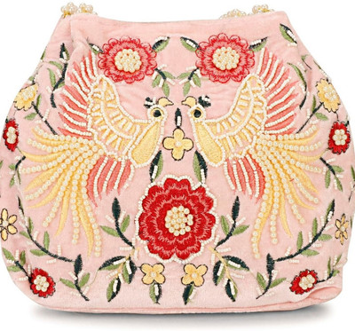 NMS Bird Embroidery Handwork potli With Pearl Handle Potli