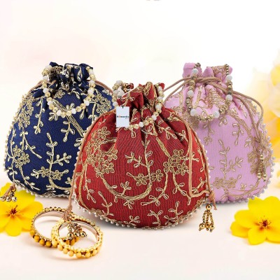 HOMESTIC Pack of 3 Embroidery Shagun Pouch & Potli Bags | Dark Blue, Light Pink & Maroon Potli(Pack of 3)