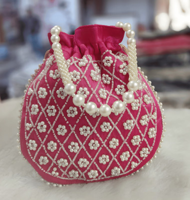 Aurna Creations Embroidery handwork potli with pearl handle Potli