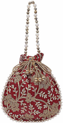 KUBER INDUSTRIES Embroidery Drawstring Potli|Hand Purse With Gold Pearl Border & Handle (Maroon) Potli