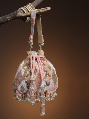 Anekaant Dangle Dusky Pink & Multi Diamond Embellished Faux Silk Potli Potli