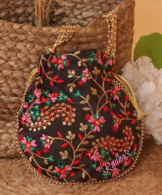 Radha's Colorful Embroidery Pink Potli Bag for Women with Pearl Handle Potli