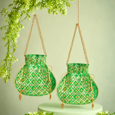KUBER INDUSTRIES Mirror Check Drawstring Potli With Handle|Shagun Potli|Pack of 2|Green Potli(Pack of 2)