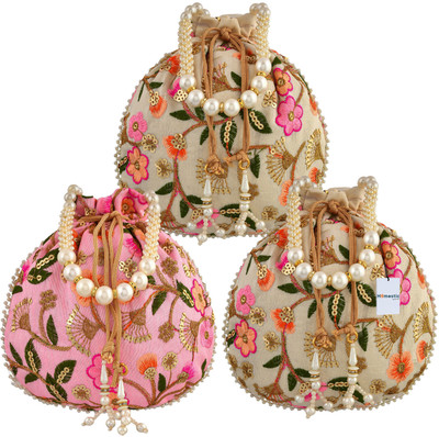 HOMESTIC Silk New Flower Embroidery Potli|Drawstring Beads Handle Potli|Pack of 3|Multi Potli(Pack of 3)