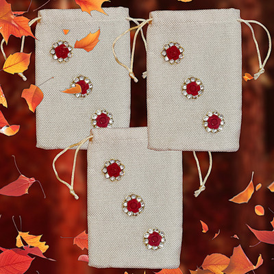 BERRYCRAVE Jute Shagun Potli Bags with 3D RED FLOWER DIAMOND MOTIFFS -15 X 10 CM - Set of 3 Potli