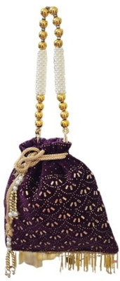 Sunesh Creation Vintage Style Potli Handbag, Velvet with Pearl Beads and Gold Fringe Potli