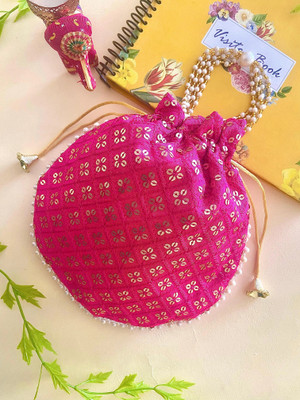 byra Women Chikan Embroidered Sequence Potli with Latkan and Pearl Handle Potli