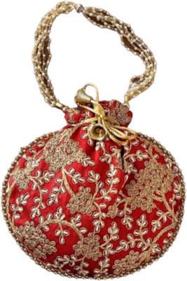 AtheenaAris Silk Made Red Zari Embroidery Potli with Pearl Handle For Women Wristlet Gift Potli