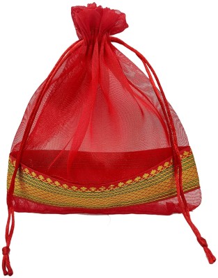 Brown Leaf Set Of 3 Organza 9X7 inch Potli Bags Potli(Pack of 3)