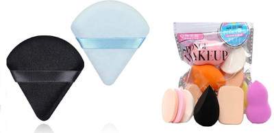 ROODILES Triangle Powder Puff + 6in1 Pure Cotton Puff Sponges – Makeup Beauty Blender Combo Set(3 Items in the set)