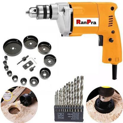 RanPra 10MM ELECTRIC DRILL MACHINE WITH 16PCS HOLE SAW SET AND 13PCS DRILL BIT SET Pistol Grip Drill(10 mm Chuck Size)